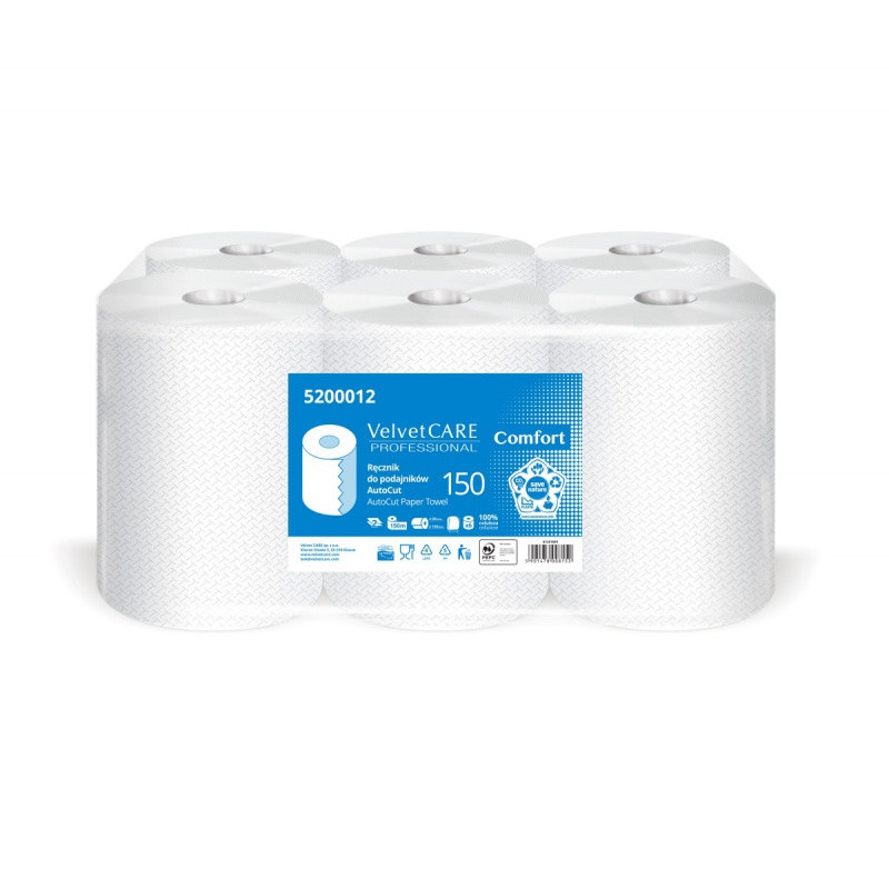 Ręcznik do podajników VELVET AutoCut, celulozowe, 2-warstwowe, śr. 19cm, 6rolek x 150m, biały