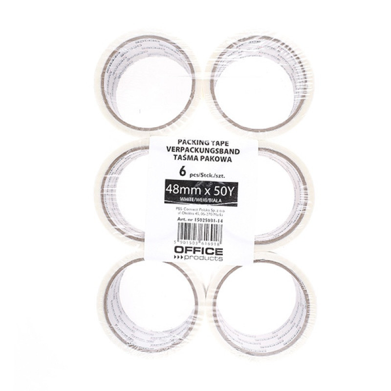 Taśma pakowa OFFICE PRODUCTS, 48mm x 50y, 36mic, EAN na 1szt., biała