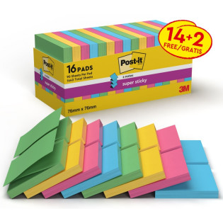 Karteczki samoprzylepne POST-IT® Super Sticky Z-Notes (R330-SS-VP16), 76x76mm, 90 kart./bloczek, 14+2 bloczki, mix kolorów