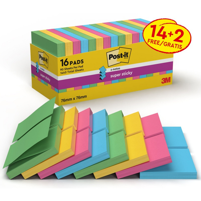 Karteczki samoprzylepne POST-IT® Super Sticky Z-Notes (R330-SS-VP16), 76x76mm, 90 kart./bloczek, 14+2 bloczki, mix kolorów