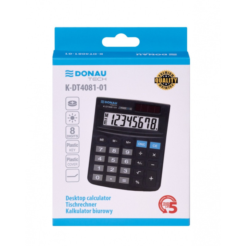 Kalkulator biurowy DONAU TECH, CI-SDC805NR, 8-cyfr. wyświetlacz, wym. 130x104x19 mm, czarny
