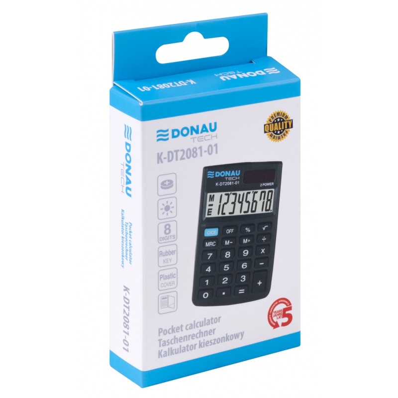 Kalkulator kieszonkowy DONAU TECH, CI-SLD100NR, 8-cyfr. wyświetlacz, wym. 90x60x11 mm, czarny