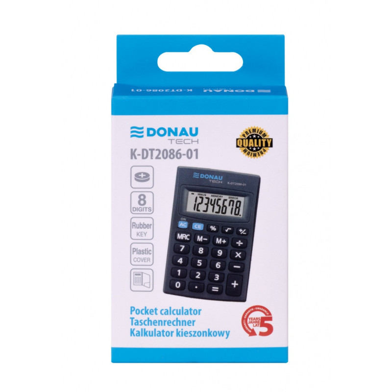 Kalkulator kieszonkowy DONAU TECH, 8-cyfr. wyświetlacz, wym. 85x56x9 mm, czarny