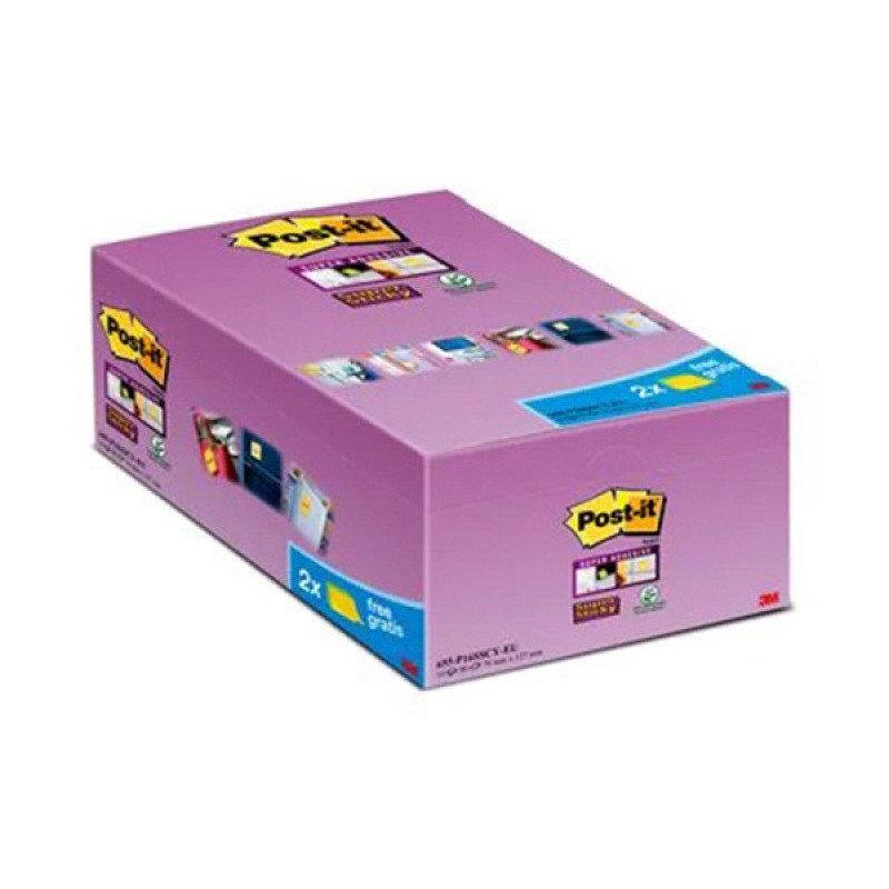 Bloczki samoprzylepne Post-it® Super Sticky (655-P16SSCY-EU), 127x76mm, 16x90 kart., żółte, 2 bloczki GRATIS