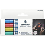 Marker akrylowy SCHNEIDER Paint-It Metallic, 0,8 mm, etui 4 szt., niebieski, czerowny, żółty, zielony