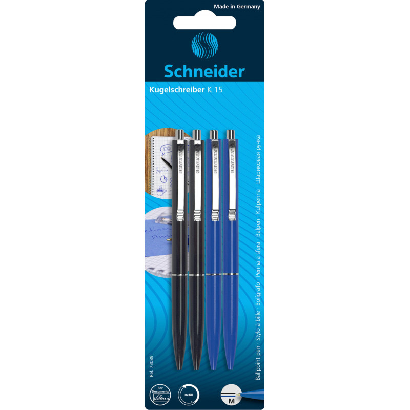 Długopisy automatyczne SCHNEIDER K15, 2x czarny + 2x niebieski, blister