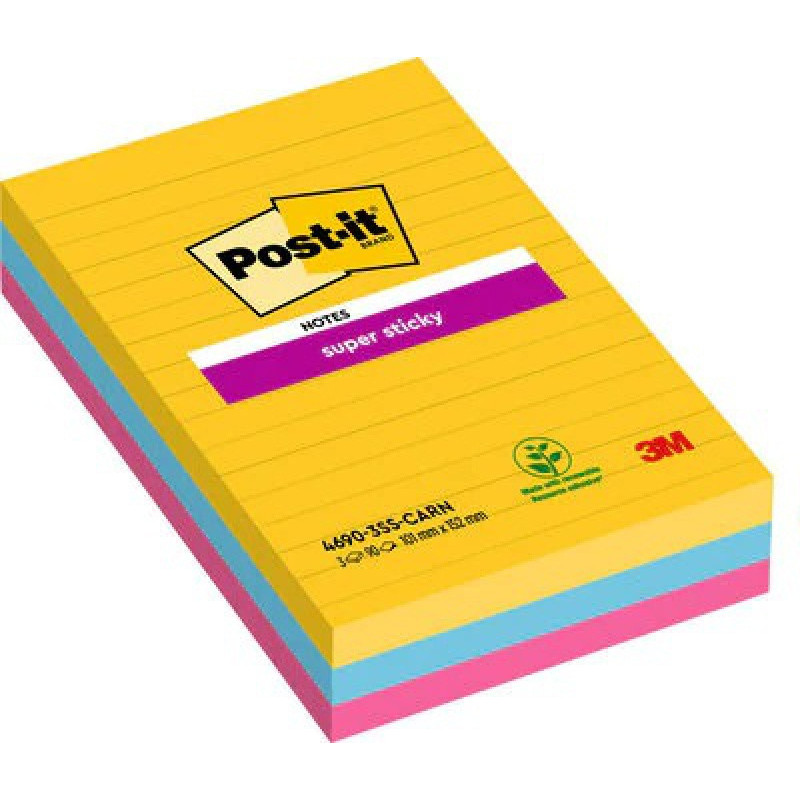 Karteczki samoprzylepne POST-IT® Super Sticky w linie (4690-SS3RIO-EU), 101x152mm, 3x90 kart., paleta Carnival
