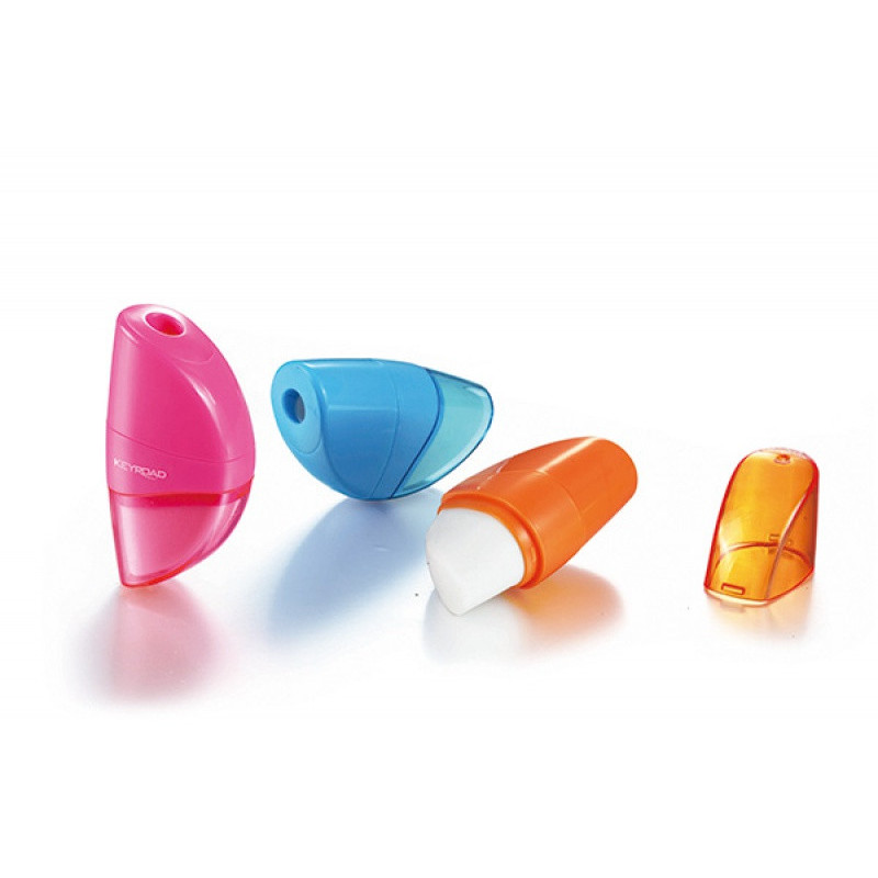 Temperówka KEYROAD Orange, plastikowa, pojedyncza, z gumką, blister, mix kolorów