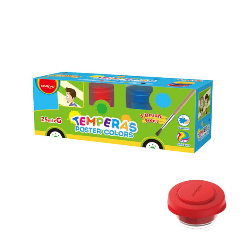 Farby plakatowe KEYROAD, pędzelek gratis, w pudełku, 6x25ml, mix kolorów