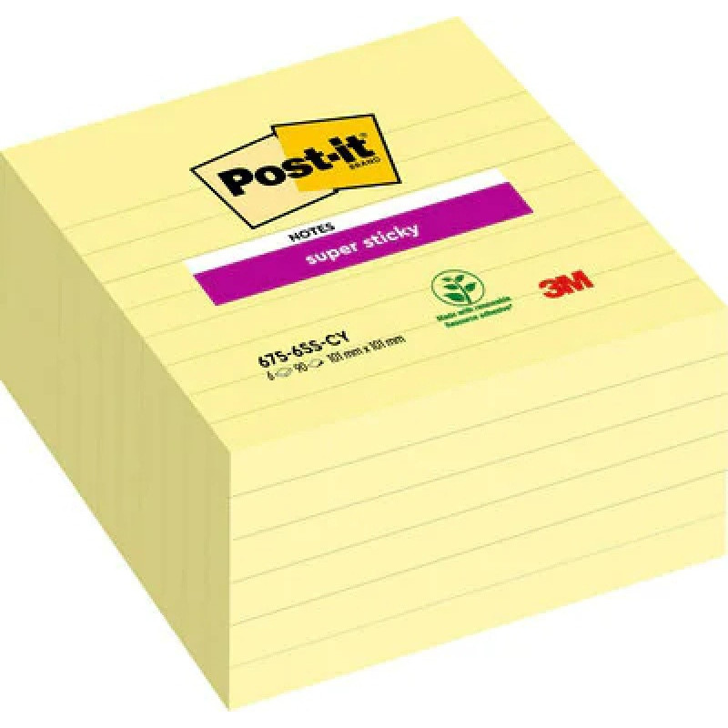 Karteczki samoprzylepne POST-IT® Super Sticky XL, w linie (675-SS6-CY), 101x101mm, 6x90 kart., żółte