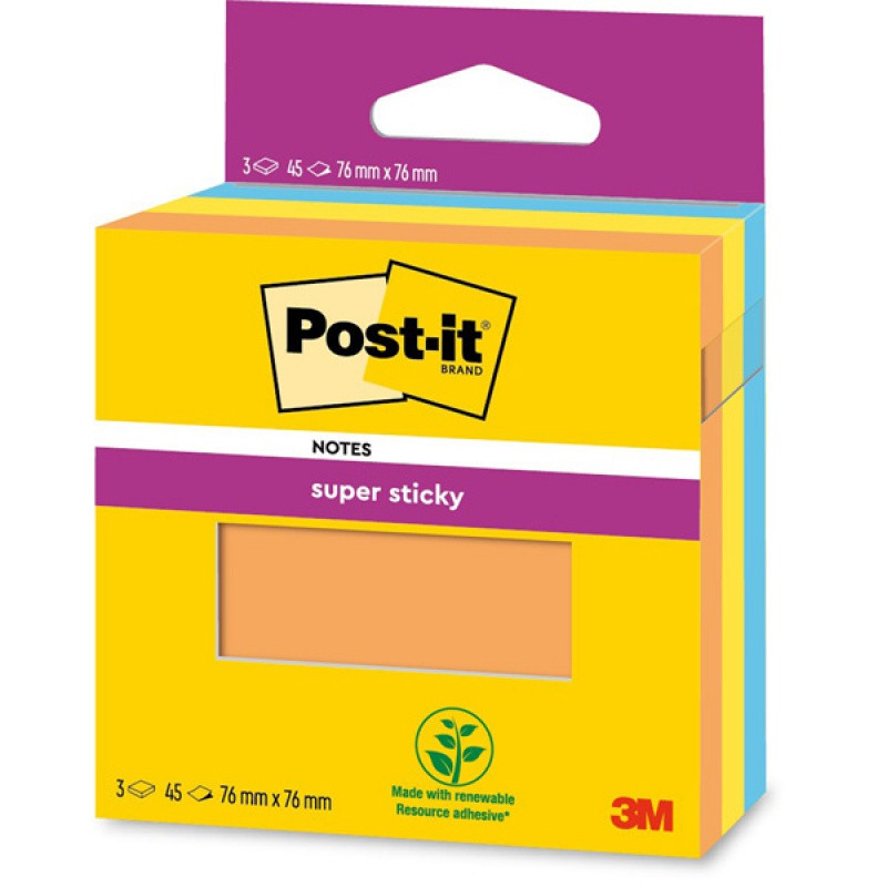 Karteczki samoprzylepne Post-it Super Sticky, 76x76mm, 3x45 kart., pomarańczowe