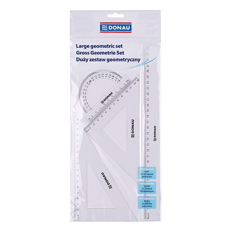 Zestaw geometryczny DONAU, duży, z linijką 30cm, zawieszka, transparentny
