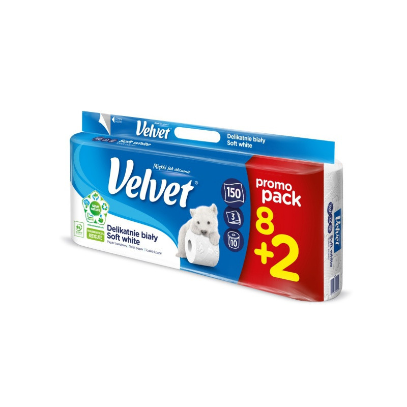 Papier toaletowy celulozowy VELVET Delikatnie Biały, 3-warstwowy, 150 listki, 8+2szt., biały