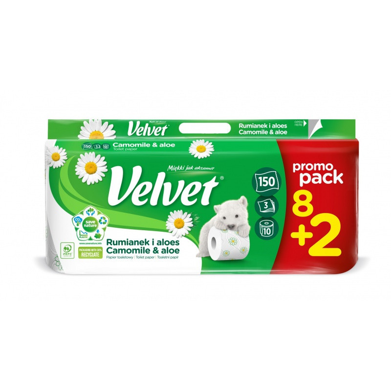 Papier Toaletowy celulozowy VELVET Rumianek i Aloes, 3-warstwowy, 8+2szt., biały