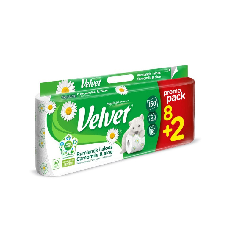 Papier Toaletowy celulozowy VELVET Rumianek i Aloes, 3-warstwowy, 8+2szt., biały