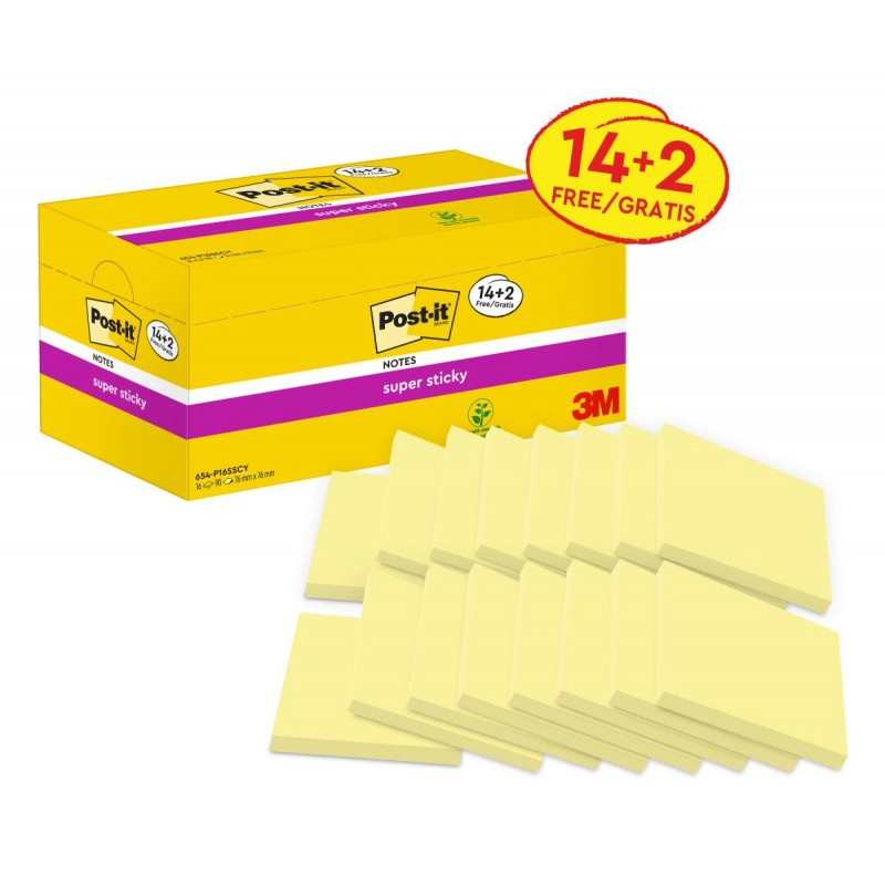 Karteczki samoprzylepne Post-it® Super Sticky (654-P16SSCY-EU), 76x76mm, 14x90 kart.+2x90 kart. gratis, żółte