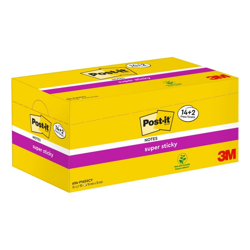 Karteczki samoprzylepne Post-it® Super Sticky (654-P16SSCY-EU), 76x76mm, 14x90 kart.+2x90 kart. gratis, żółte