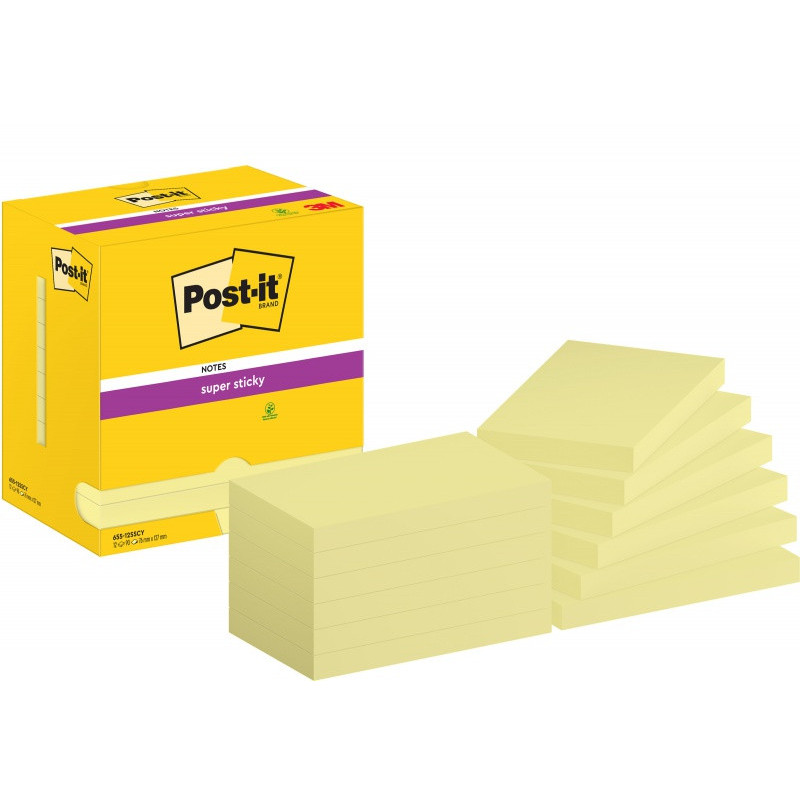 Karteczki samoprzylepne POST-IT® Super Sticky (655-S), 127x76mm, 12x90 kartek, jaskrawo żółte