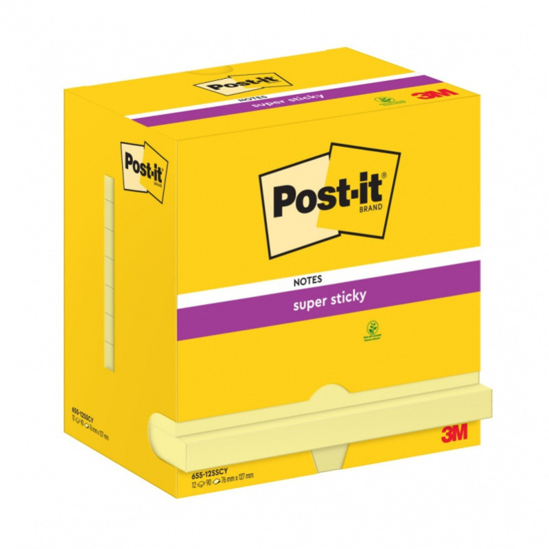 Karteczki samoprzylepne POST-IT® Super Sticky (655-S), 127x76mm, 12x90 kartek, jaskrawo żółte