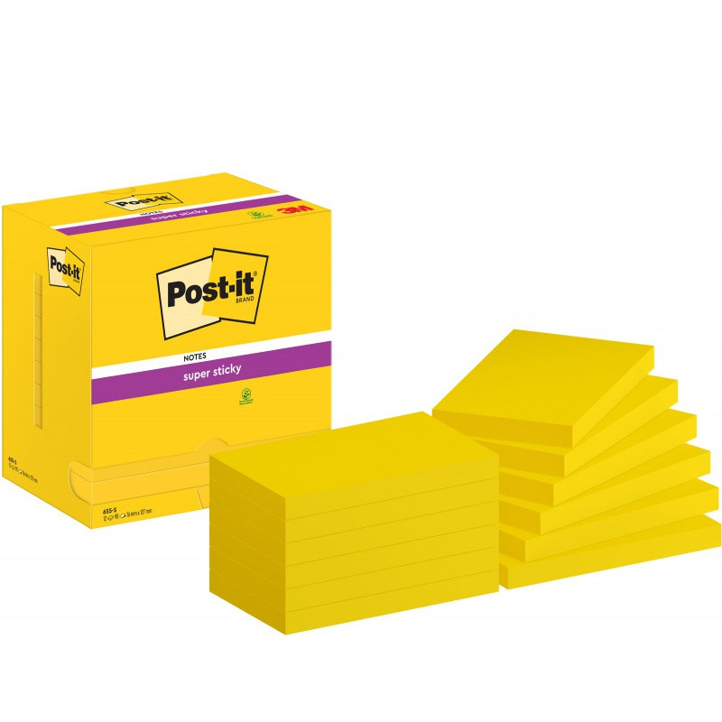 Karteczki samoprzylepne POST-IT® Super Sticky (655-12SSCY-EU), 127x76mm, 12x90 kart., żółte