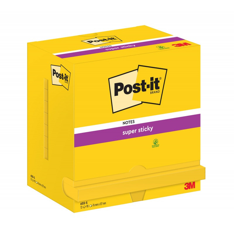 Karteczki samoprzylepne POST-IT® Super Sticky (655-12SSCY-EU), 127x76mm, 12x90 kart., żółte
