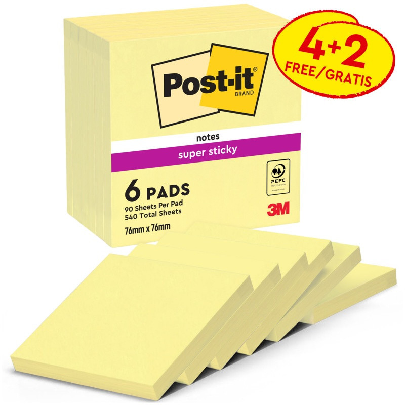 Karteczki samoprzylepne POST-IT® Super Sticky (654-P6SSCY-EU), 76x76mm, 90 kart./bloczek, 4 + 2 bloczki GRATIS, kanarkowo żółte