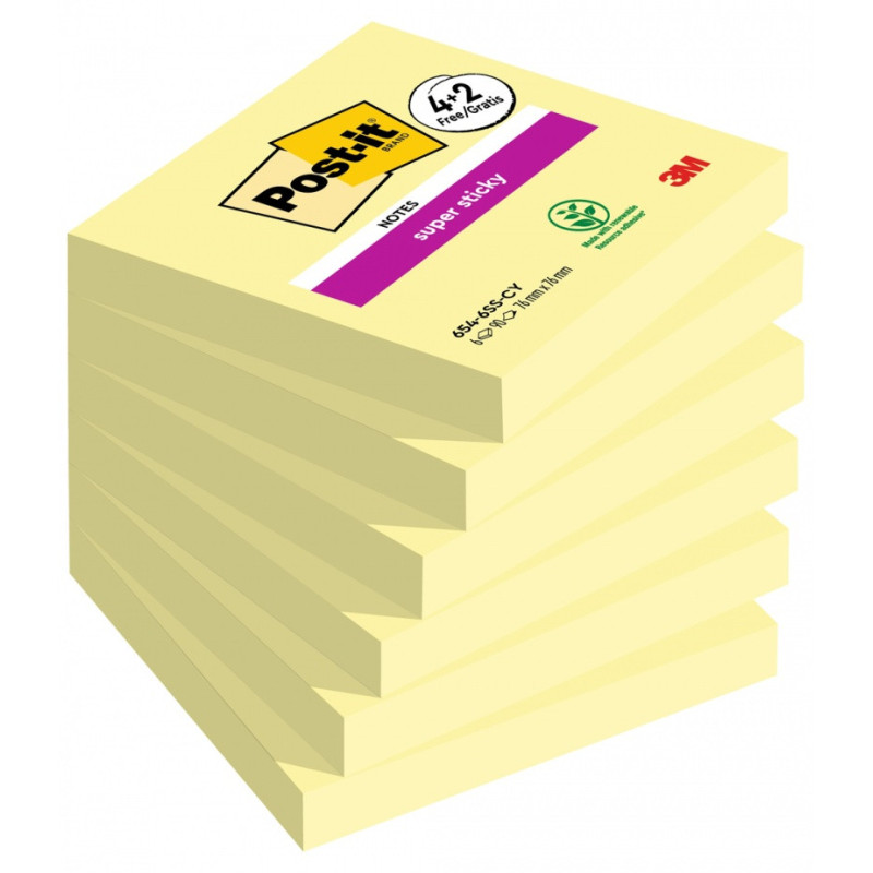 Karteczki samoprzylepne POST-IT® Super Sticky (654-P6SSCY-EU), 76x76mm, 90 kart./bloczek, 4 + 2 bloczki GRATIS, kanarkowo żółte