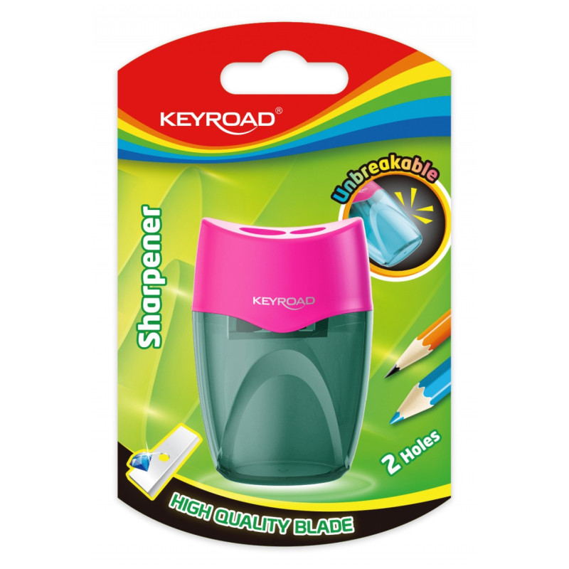 Temperówka plastikowa KEYROAD, nietłukąca, podwójna, z pojemnikiem, blister, mix kolorów