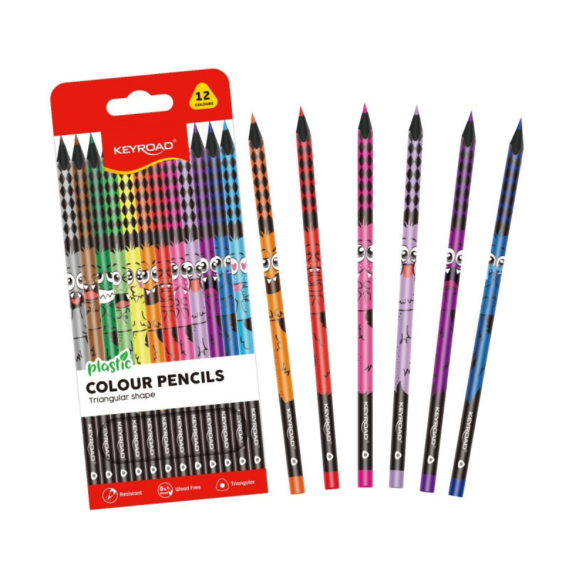 Kredki ołówkowe KEYROAD Black-Cute, trójkątne, wzór zwierzęcy, 12 kolorów
