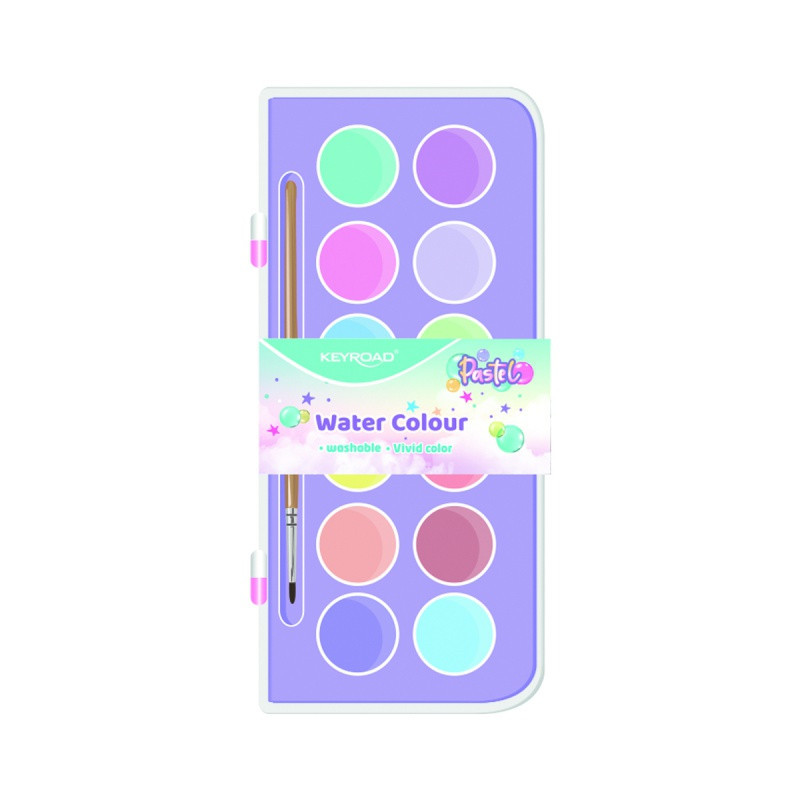 Farby akwarelowe KEYROAD, z pędzelkiem, 12 kolorów pastelowych, zawieszka