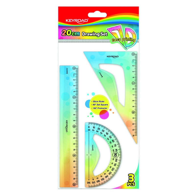 Zestaw geometryczny KEYROAD, pastel, z linijką 20cm, 3 szt., zawieszka, mix kolorów