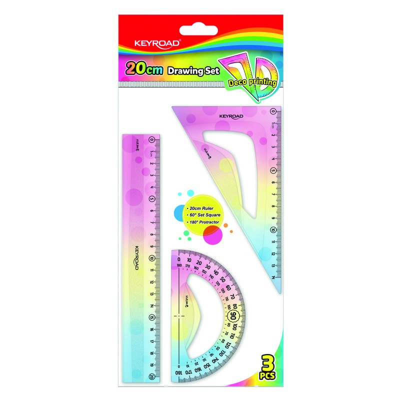 Zestaw geometryczny KEYROAD, pastel, z linijką 20cm, 3 szt., zawieszka, mix kolorów