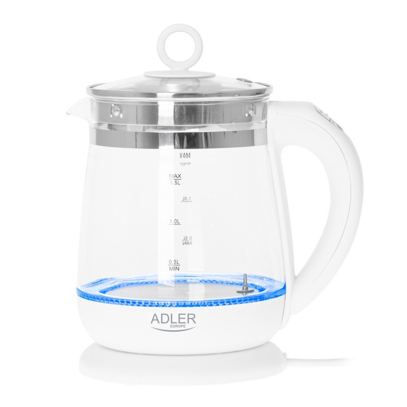 Czajnik elektryczny ADLER AD 1299, 1,5L, z regulacją temperatury i zaparzaczem, szklany, biały