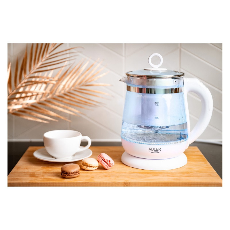 Czajnik elektryczny ADLER AD 1299, 1,5L, z regulacją temperatury i zaparzaczem, szklany, biały