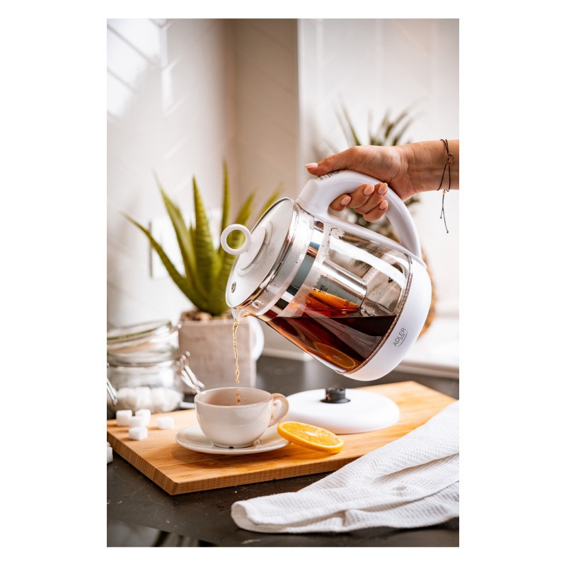 Czajnik elektryczny ADLER AD 1299, 1,5L, z regulacją temperatury i zaparzaczem, szklany, biały