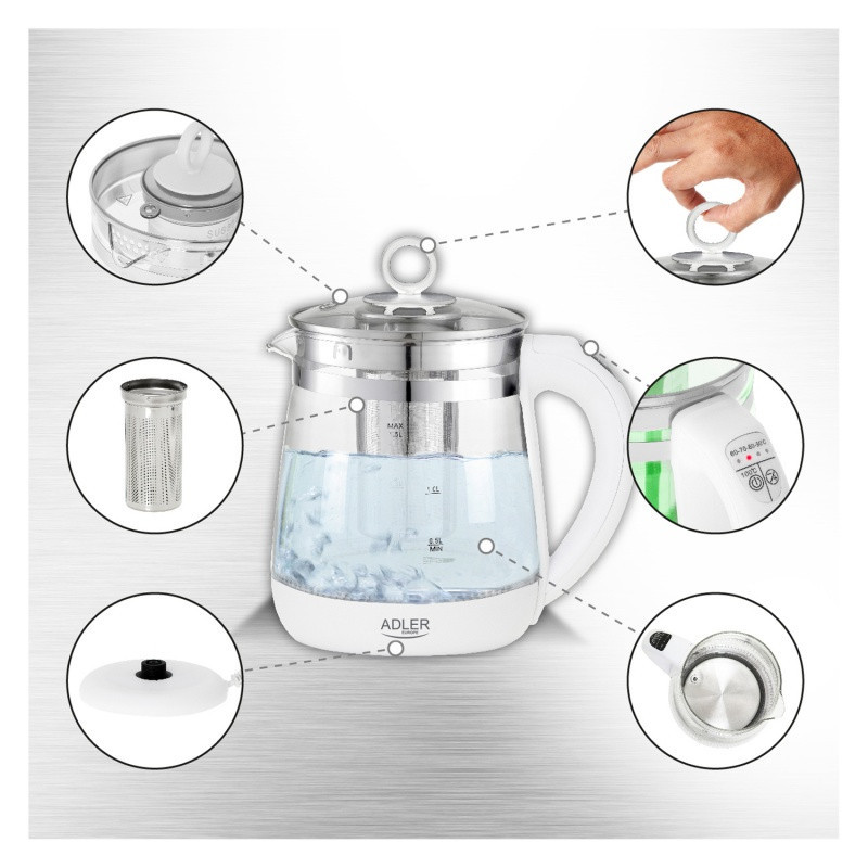 Czajnik elektryczny ADLER AD 1299, 1,5L, z regulacją temperatury i zaparzaczem, szklany, biały