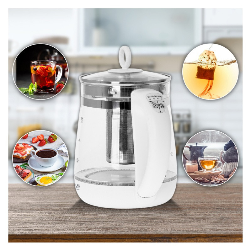 Czajnik elektryczny ADLER AD 1299, 1,5L, z regulacją temperatury i zaparzaczem, szklany, biały