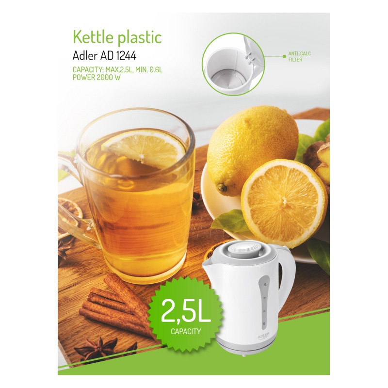 Czajnik elektryczny ADLER AD 1244, 2,5L, tworzywo, biały