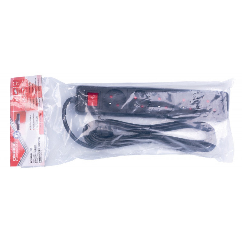 Przedłużacz OFFICE PRODUCTS, 5 gniazd, 3m, z uziemieniem i wyłącznikiem, czarny