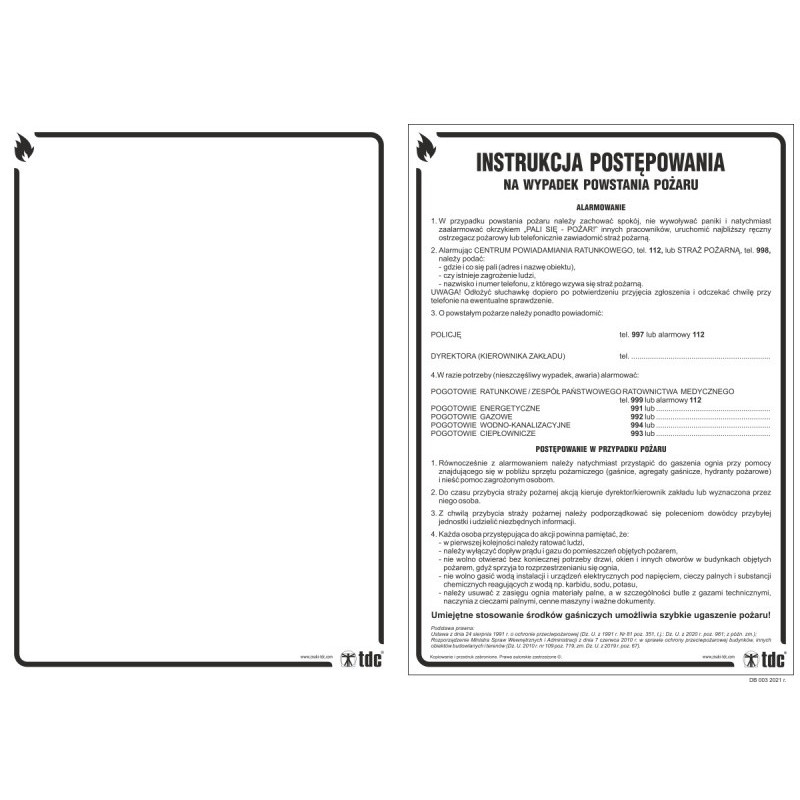 Znak TDC, Instrukcja postępowania w przypadku powstania pożaru