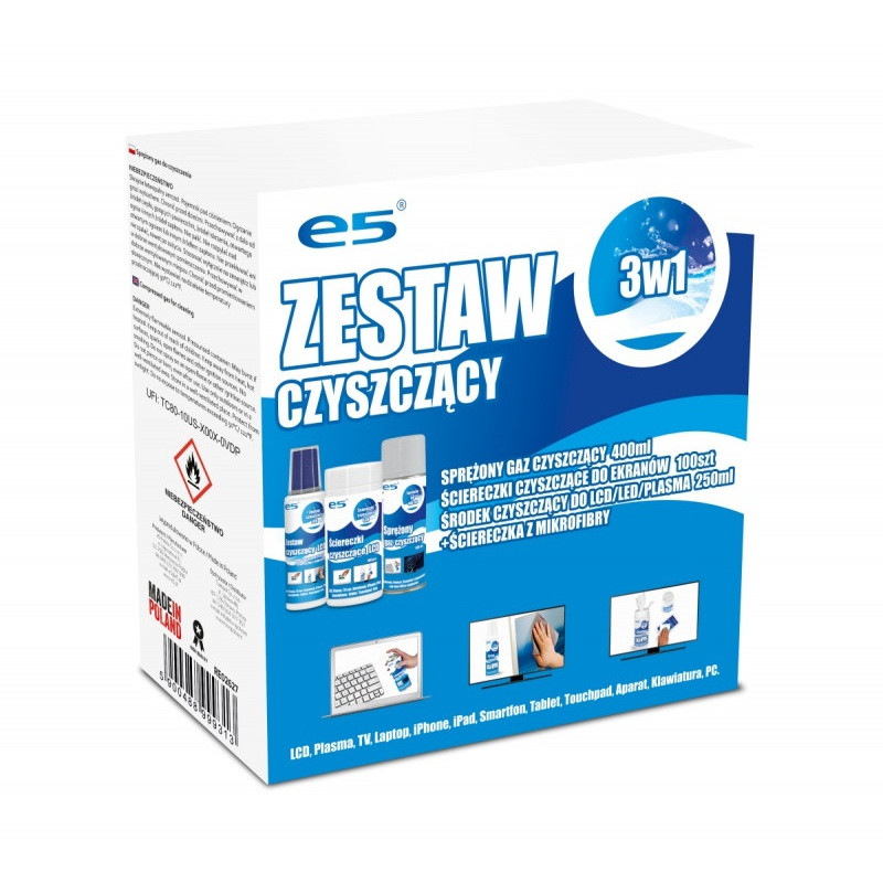 Zestaw czyszczący E5, chusteczki do LCD, sprężone powietrze, płyn ze ściereczką z mikrofibry
