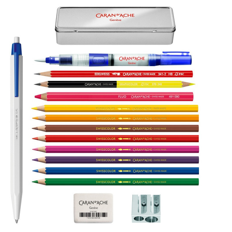 Metalowy piórnik z wyposażeniem BTS CARAN D'ACHE, 16 elementów