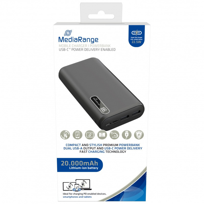 Powerbank MEDIARANGE, 20.000 mAh, 2xUSB-A + 1xUSB-C, czarny