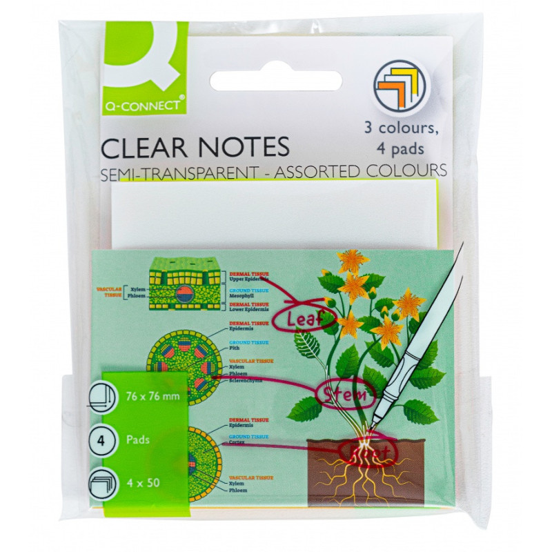 Bloczek samoprzylepny Q-CONNECT, półprzezroczysty, 76x76mm, 4x50k., mix kolorów