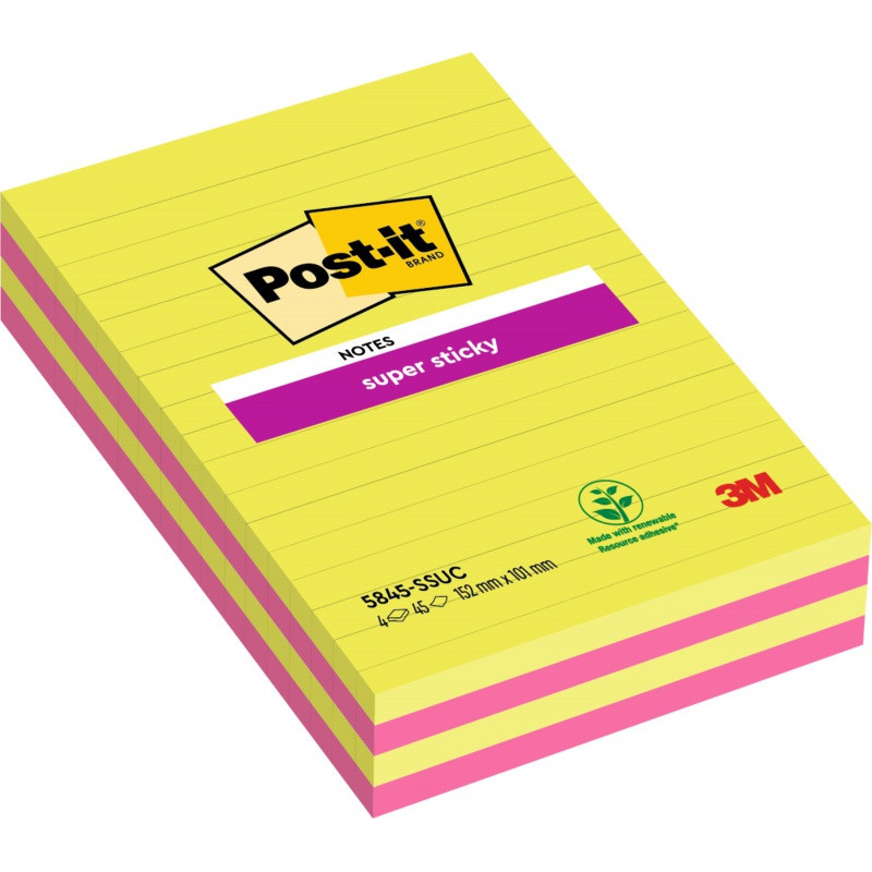 Karteczki samoprzylepne POST-IT® Super Sticky, 127x203mm, 4x45 kart., w linie, mix kolorów