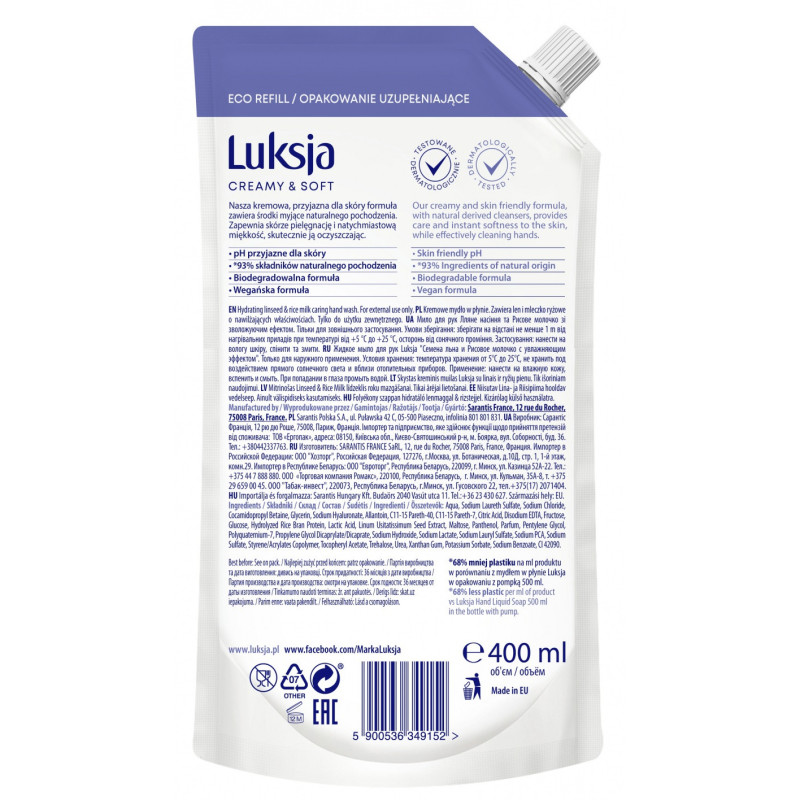 Kremowe mydło w płynie LUKSJA, len, zapas 400ml