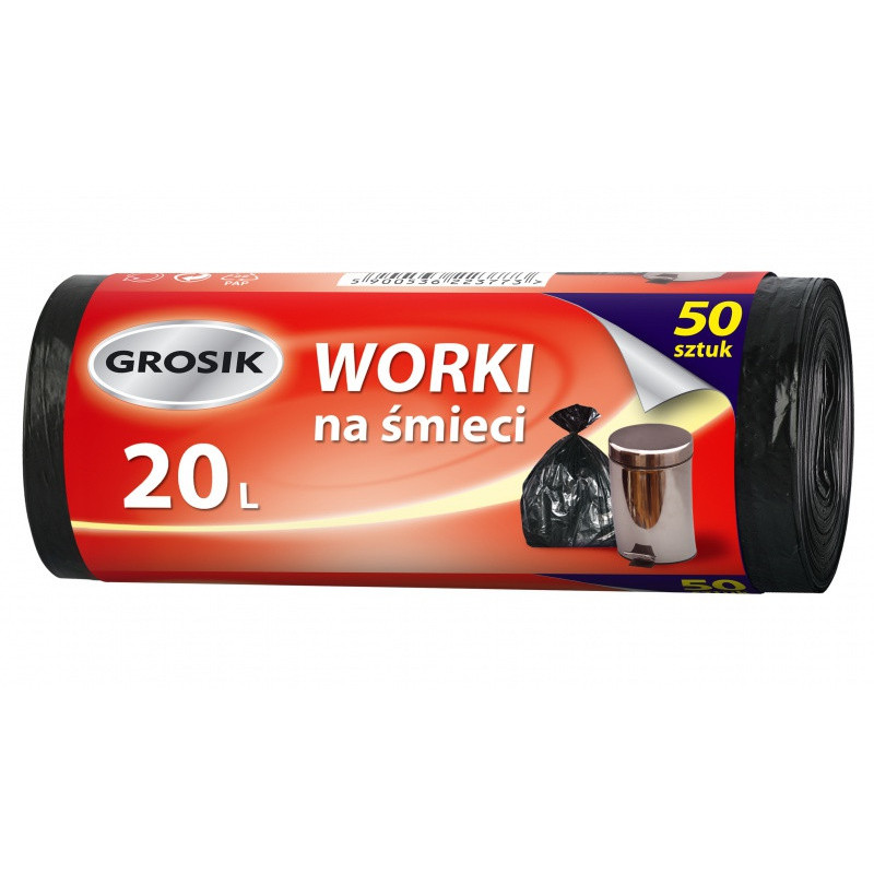 Worki na śmieci GROSIK, HDPE, 20l, 50 szt., czarne