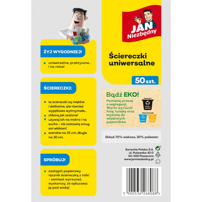 Ściereczki na rolce JAN NIEZBĘDNY, 50 szt., białe