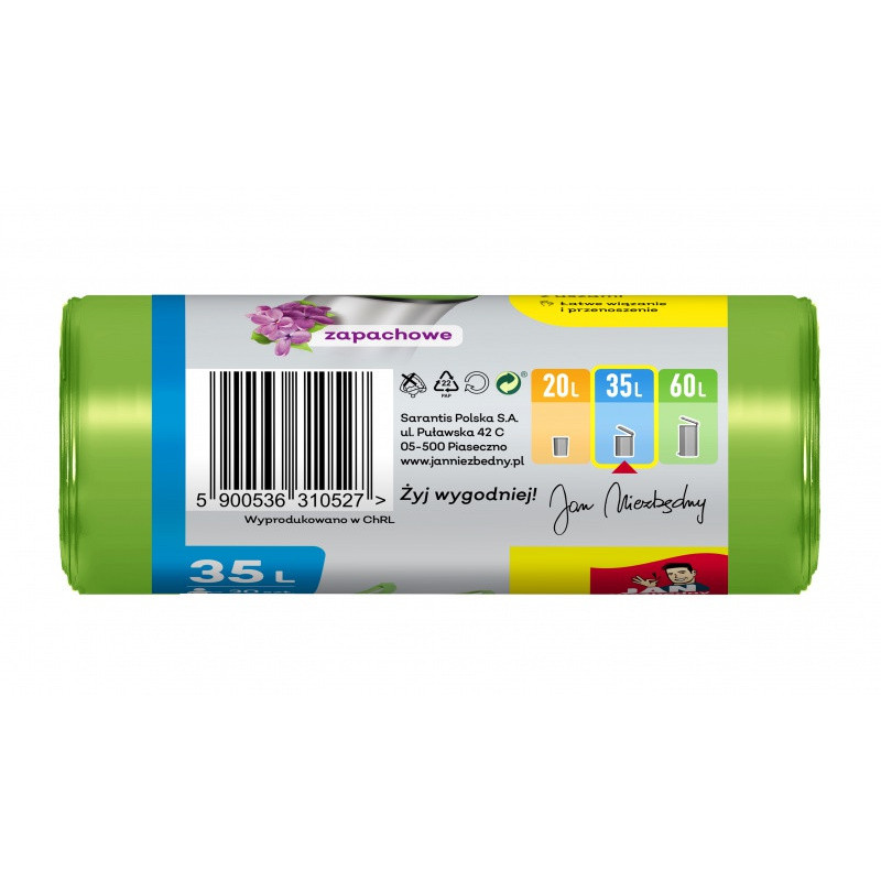 Worki na śmieci JAN NIEZBĘDNY, HDPE, t-shirt, 35l, 30szt., zielone