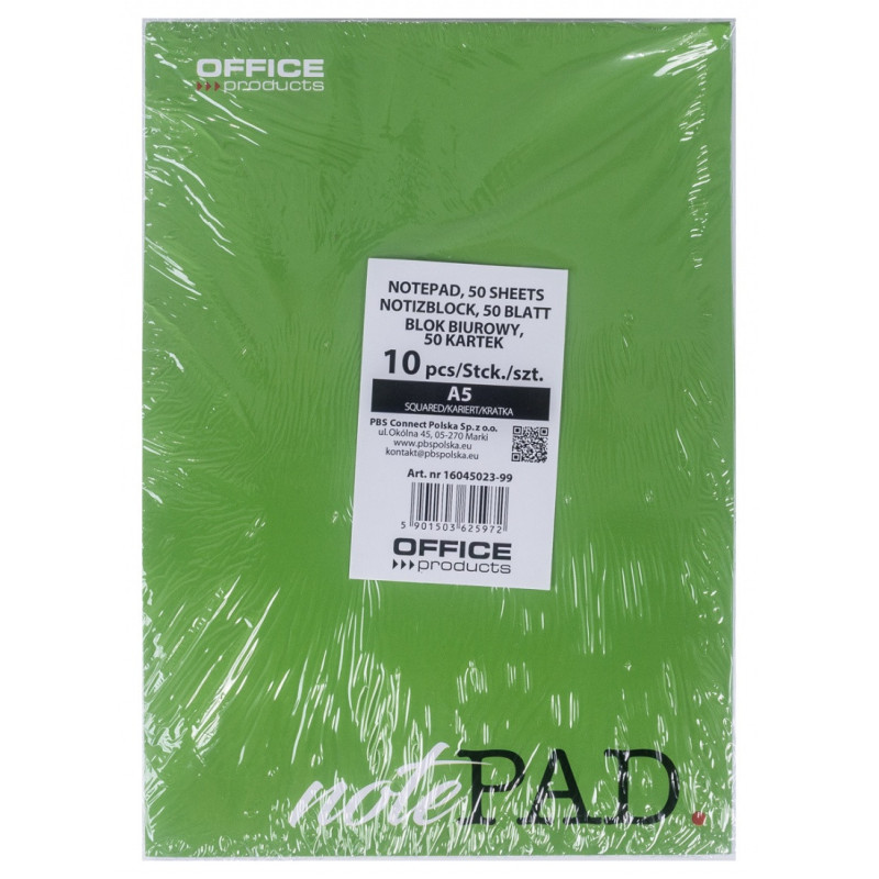 Blok biurowy OFFICE PRODUCTS, A5, w kratkę, 50 kart., 60gsm
